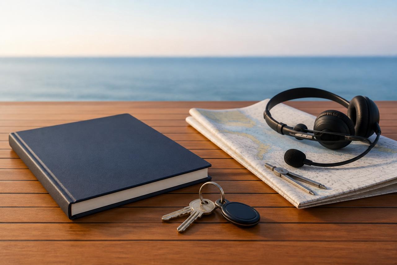 Keys, operations manual, headset and chart beside open water