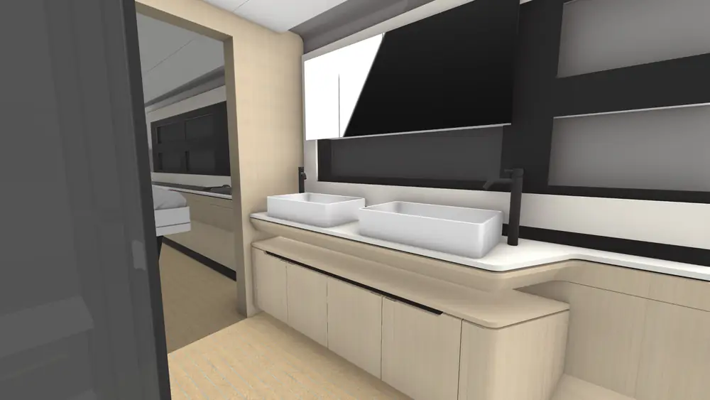 Rendered X51 double-sink vanity and cabinetry