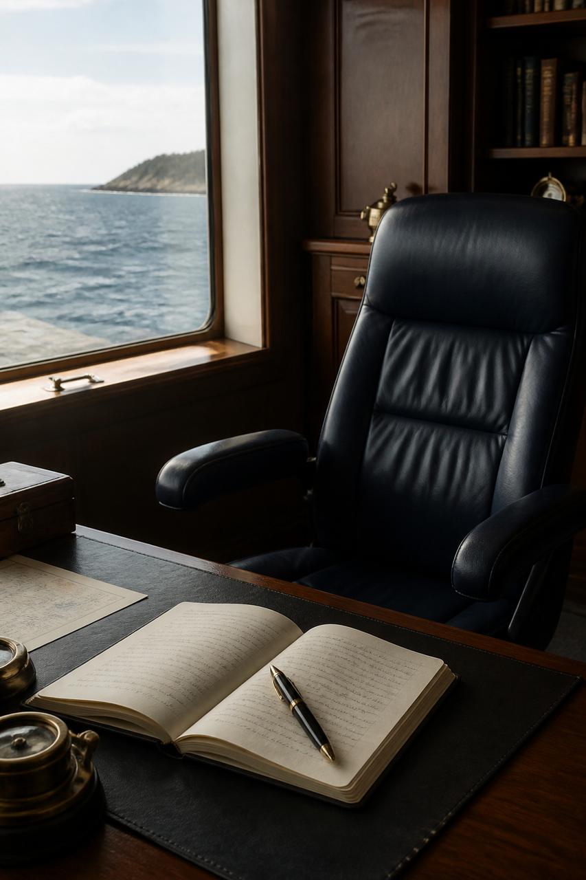 Empty captain's chair, notebook and pen beside open water