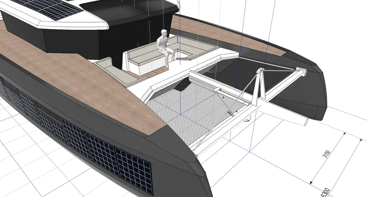 Three-quarter exterior CAD rendering of catamaran deck and bow