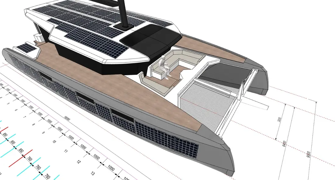 High three-quarter exterior CAD rendering of catamaran