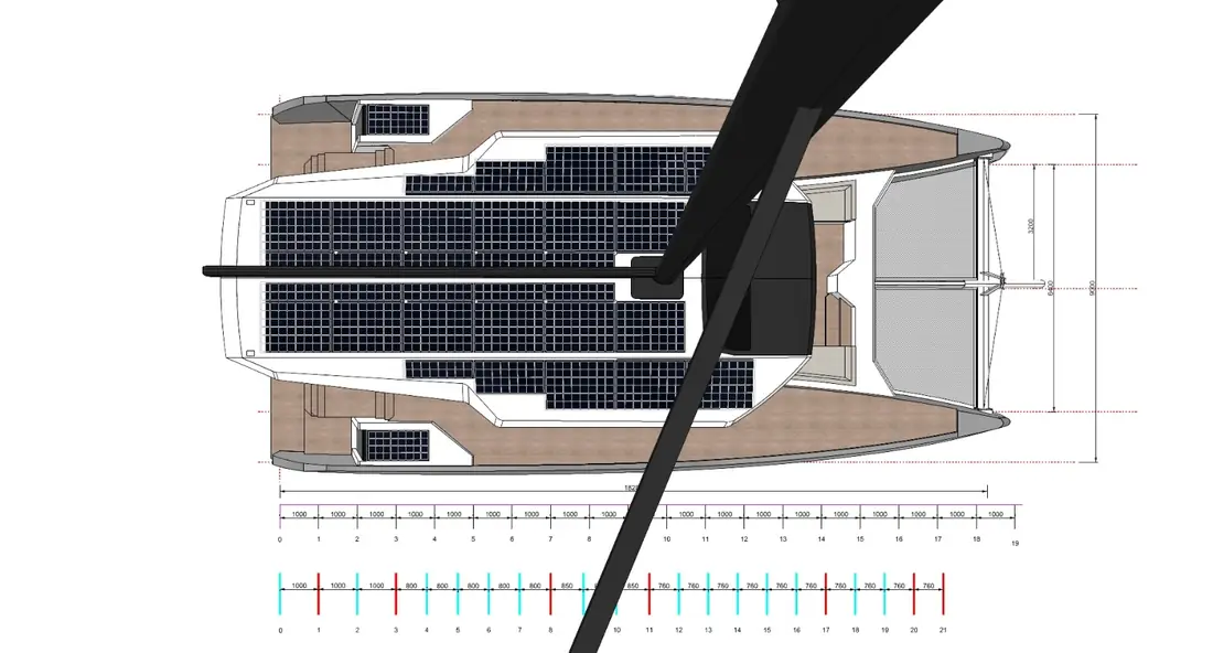 Top plan CAD view of catamaran deck and solar array