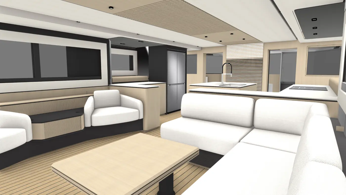Rendered X51 main saloon and galley with panoramic windows