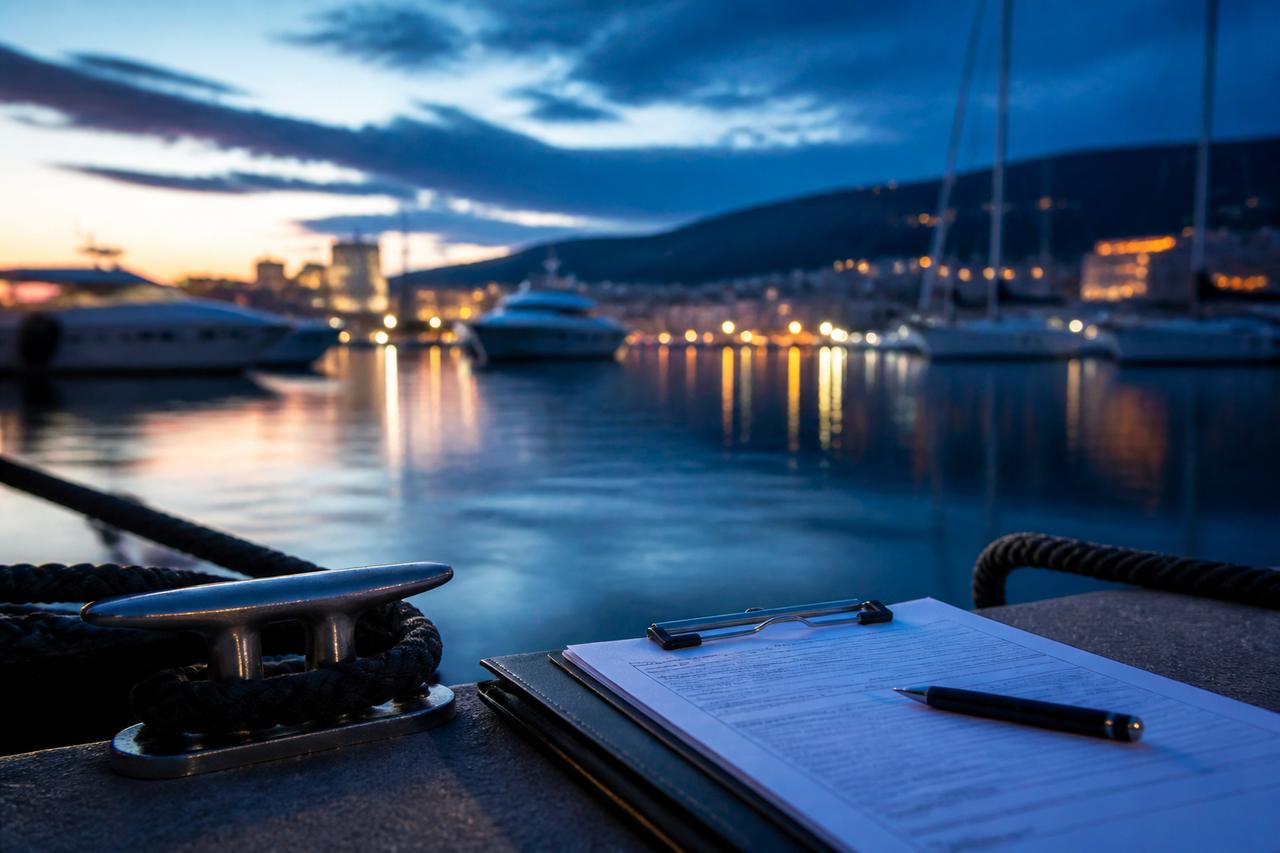 Marina, mooring lines and survey clipboard at blue hour