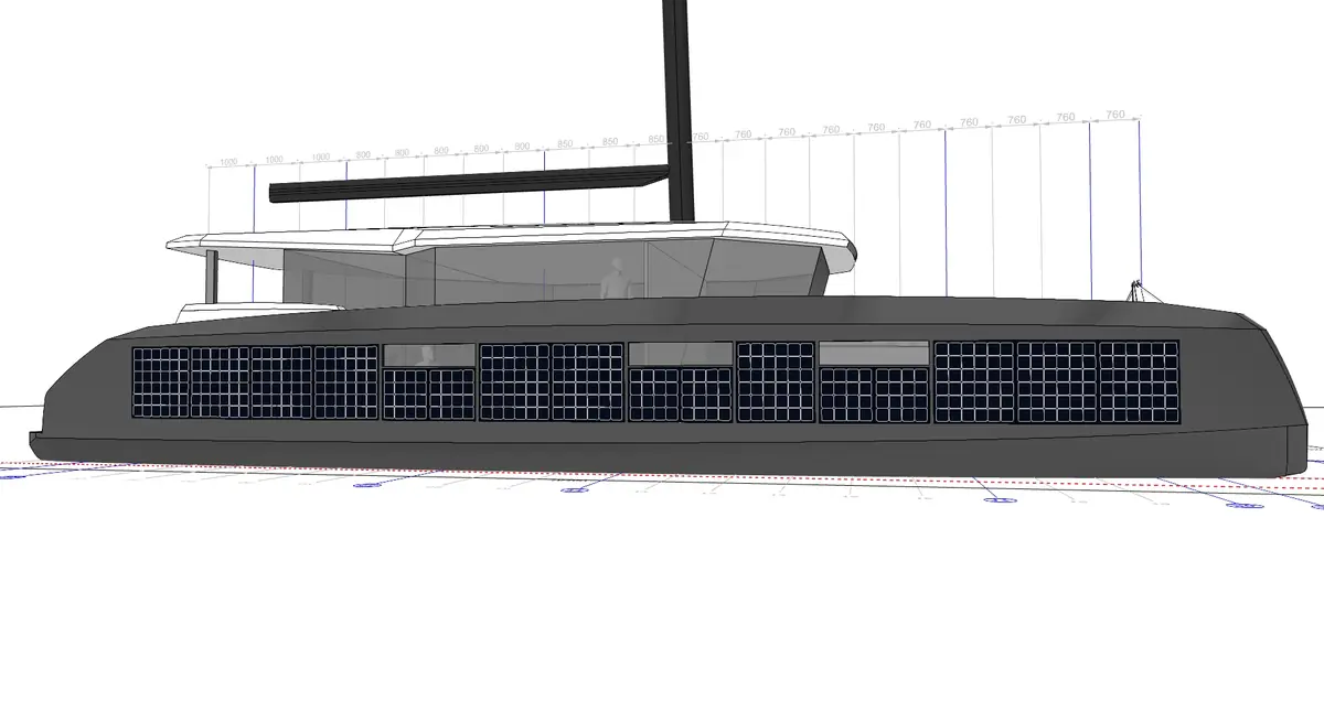 Technical side-elevation CAD view of the catamaran with human-height reference