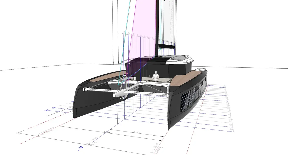 Front three-quarter CAD rendering of black-hulled sailing catamaran
