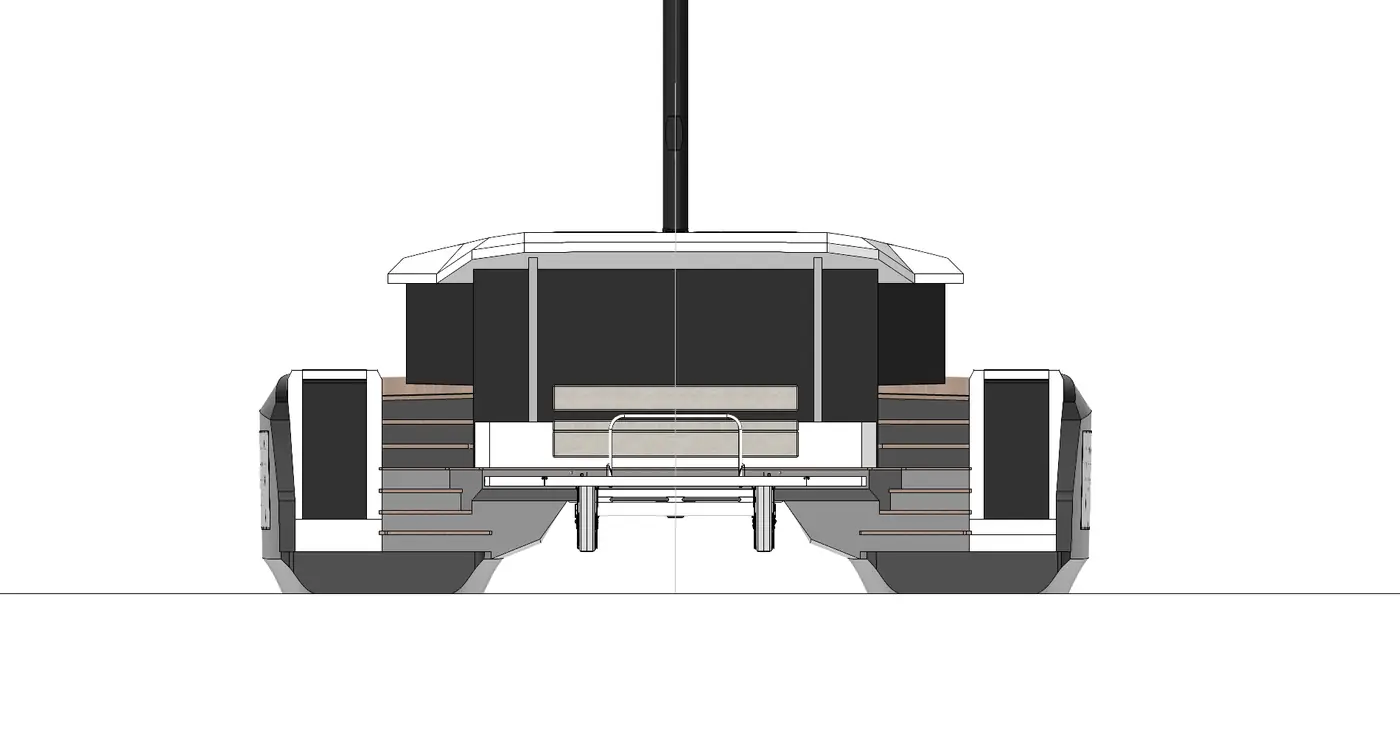 Straight-on stern elevation CAD rendering of the catamaran